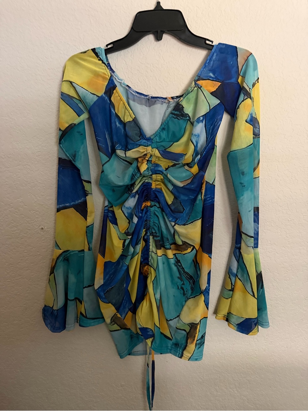 Amazon Blue Yellow Abstract Ruched Long Sleeve Mini Dress